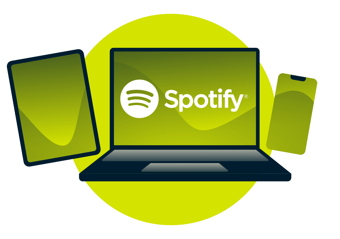 Ноутбук, планшет и телефон с логотипом Spotify.